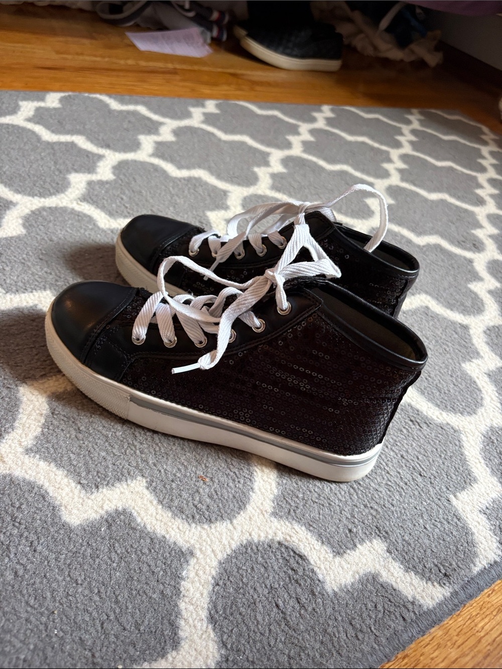 Black Sequin High-Top Sneakers with White Laces